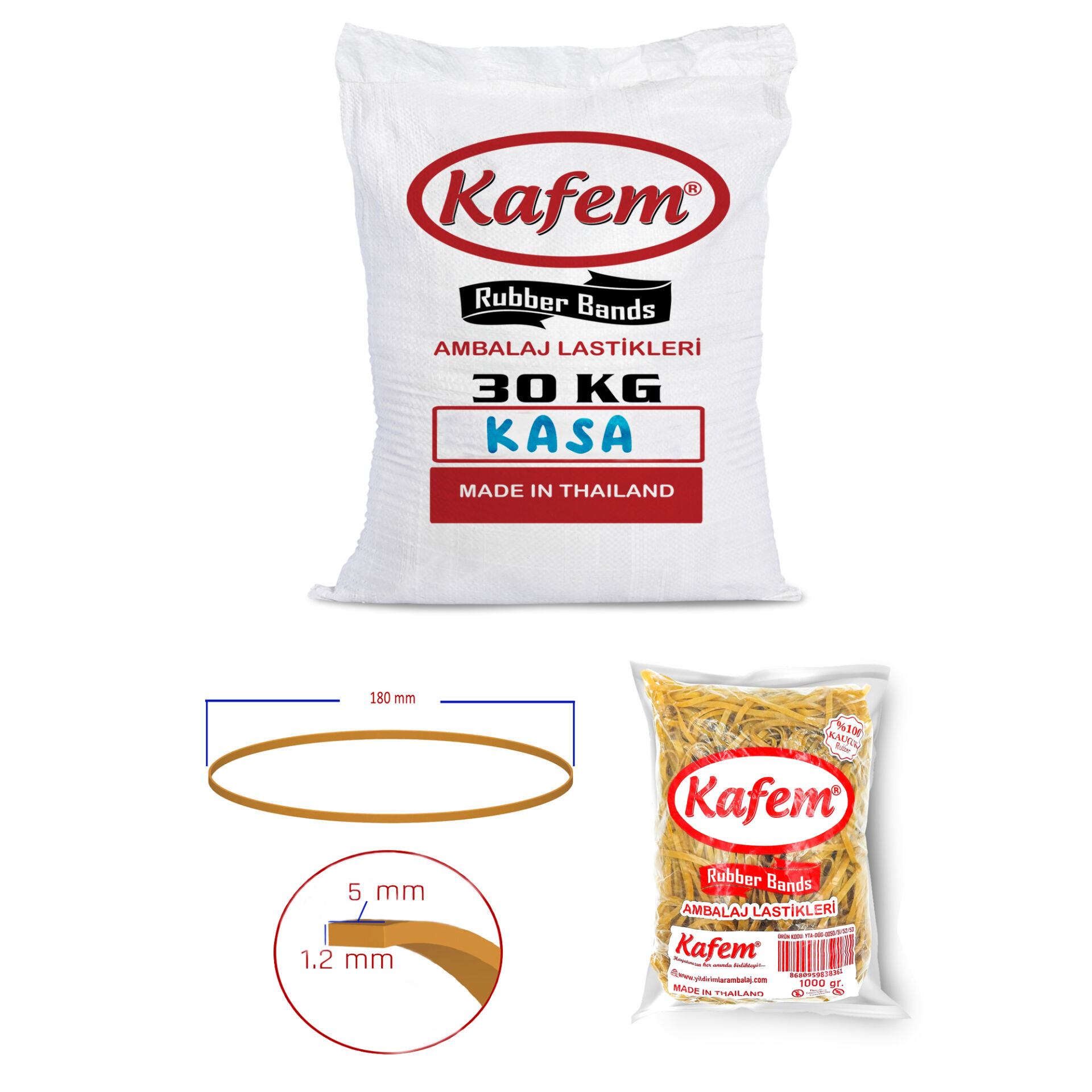 180 X 5 mm Kafem Ambalaj Lastiği 30 Paket X 1000 Gram (Koli)
