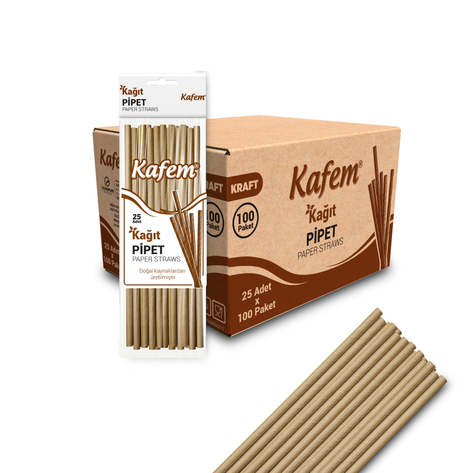 Kafem Kraft Kağıt Pipet 19,5cm 25li x 100 Paket (Koli)