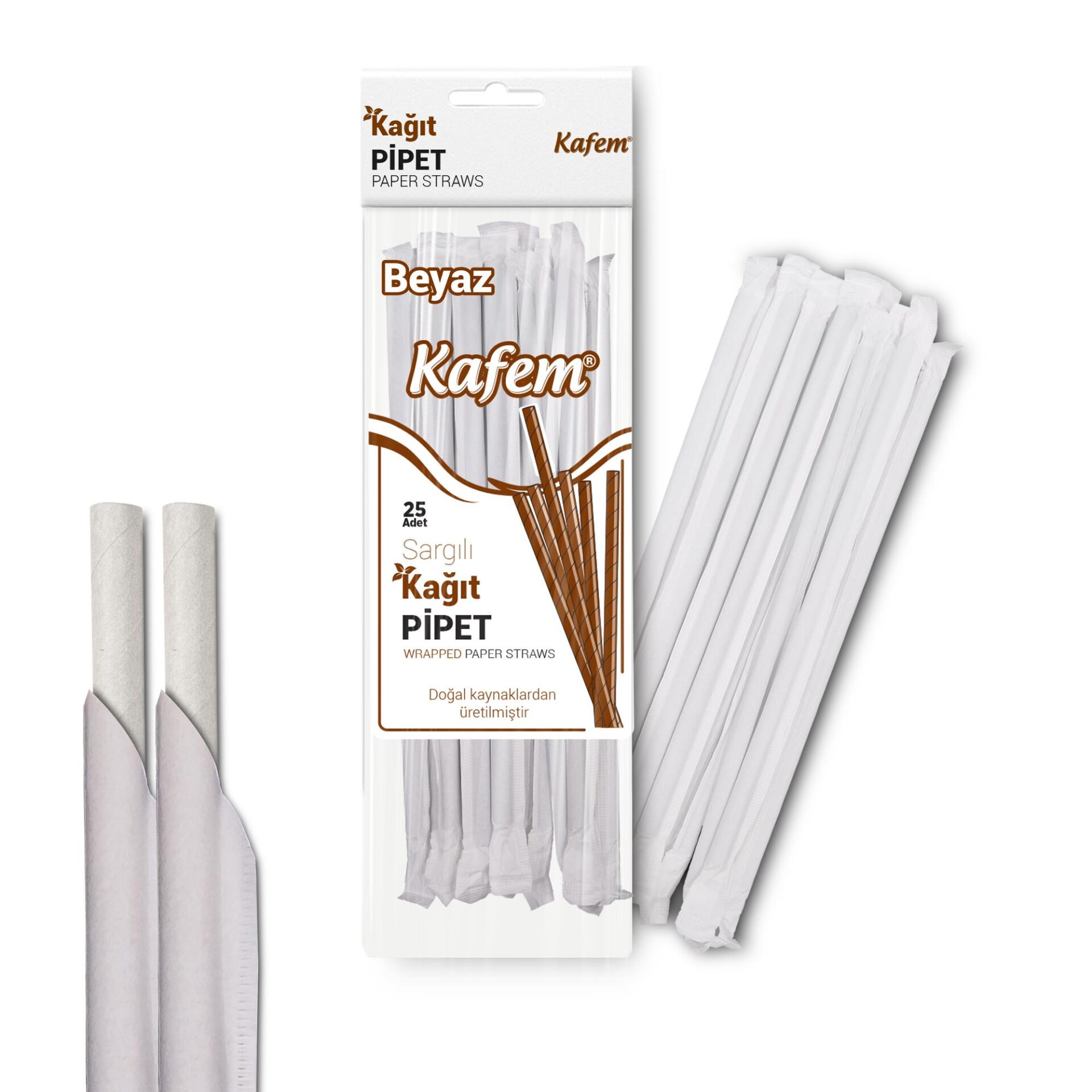 Kafem Sargılı Beyaz Kağıt Pipet 19,5cm 25li