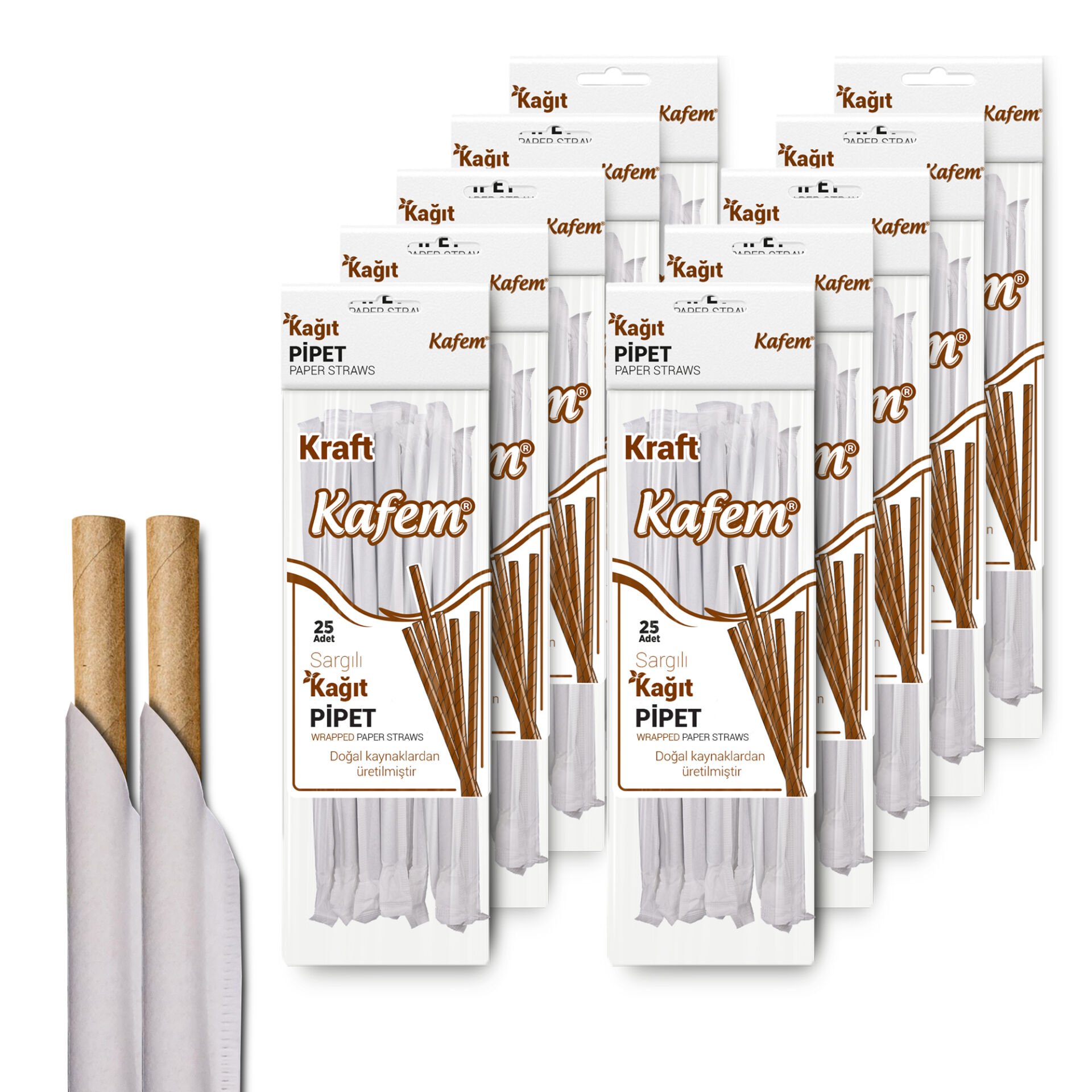 Kafem Sargılı Kraft Kağıt Pipet 19,5cm 25li x 10 Paket