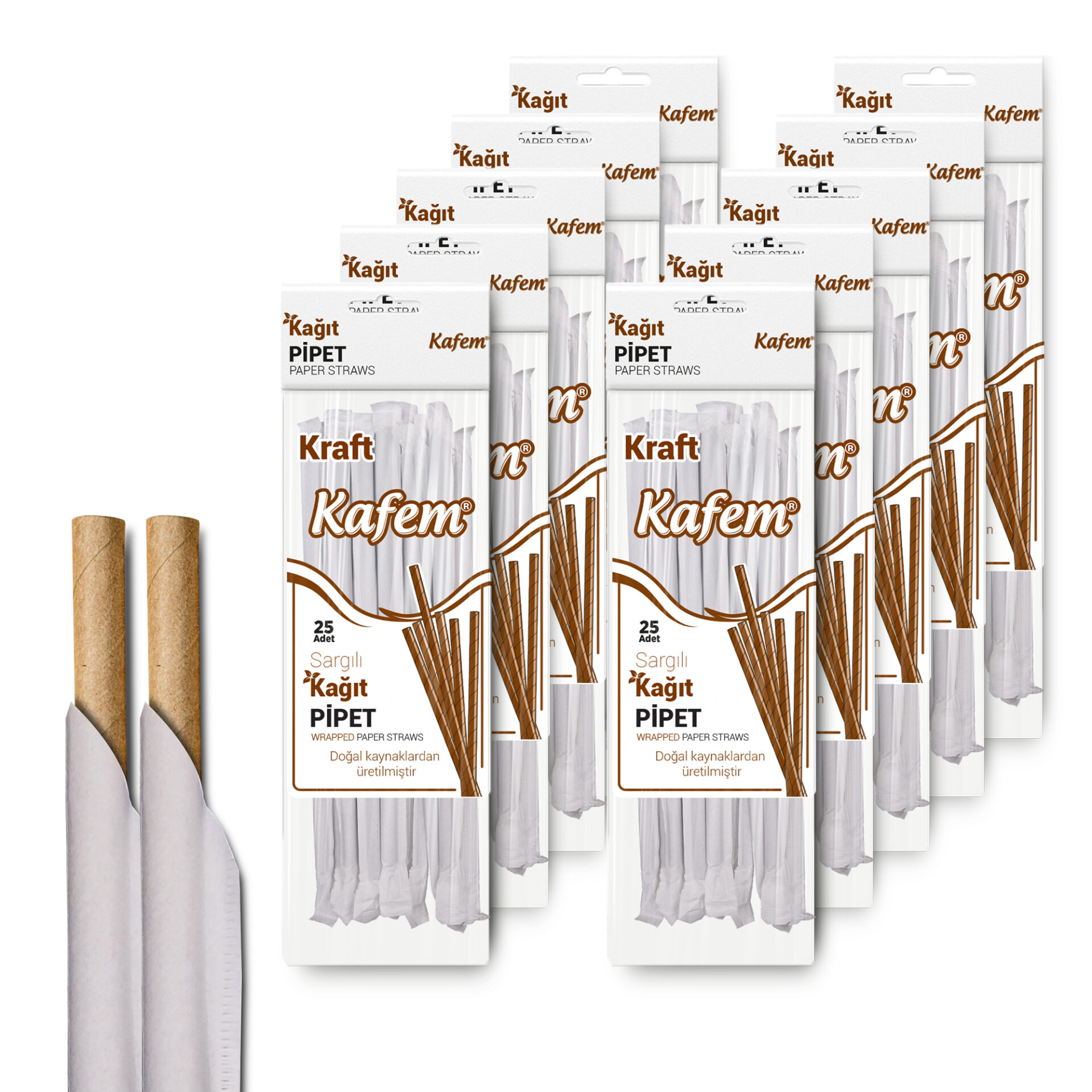 Kafem Sargılı Kraft Kağıt Pipet 19,5cm 25li x 10 Paket