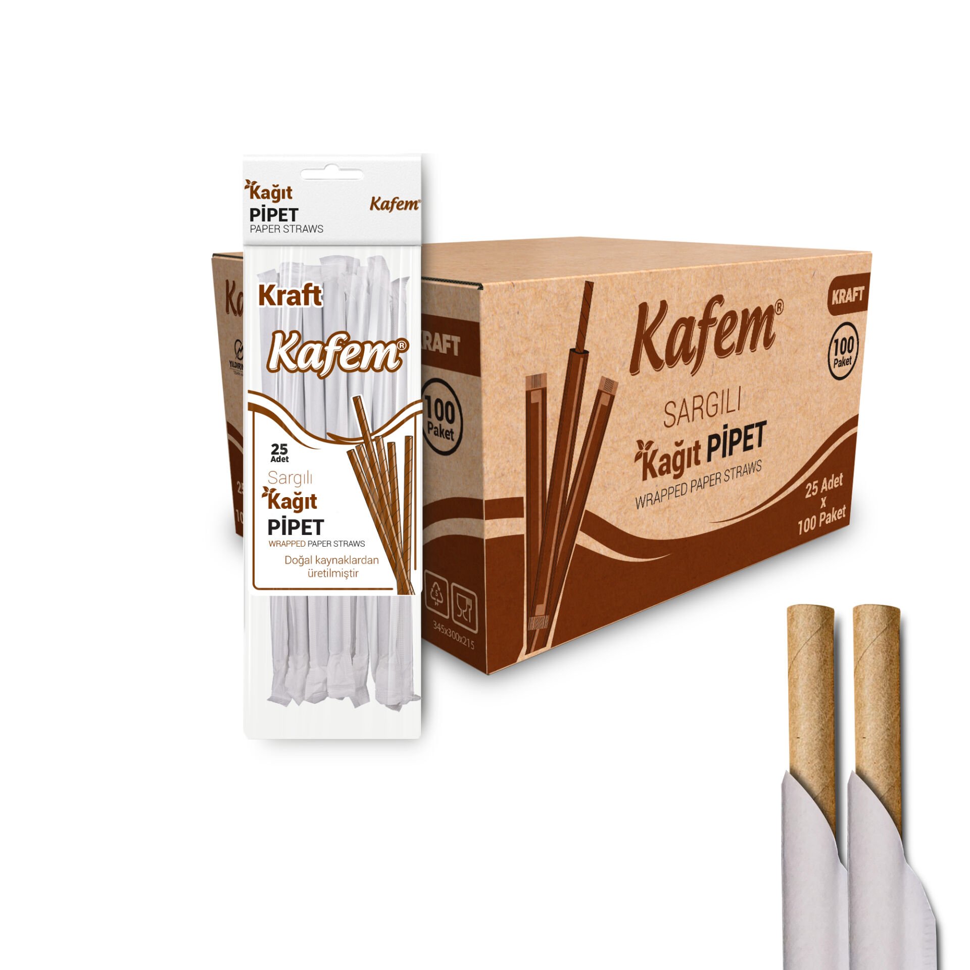 Kafem Sargılı Kraft Kağıt Pipet 19,5cm 25li x 100 Paket (Koli)