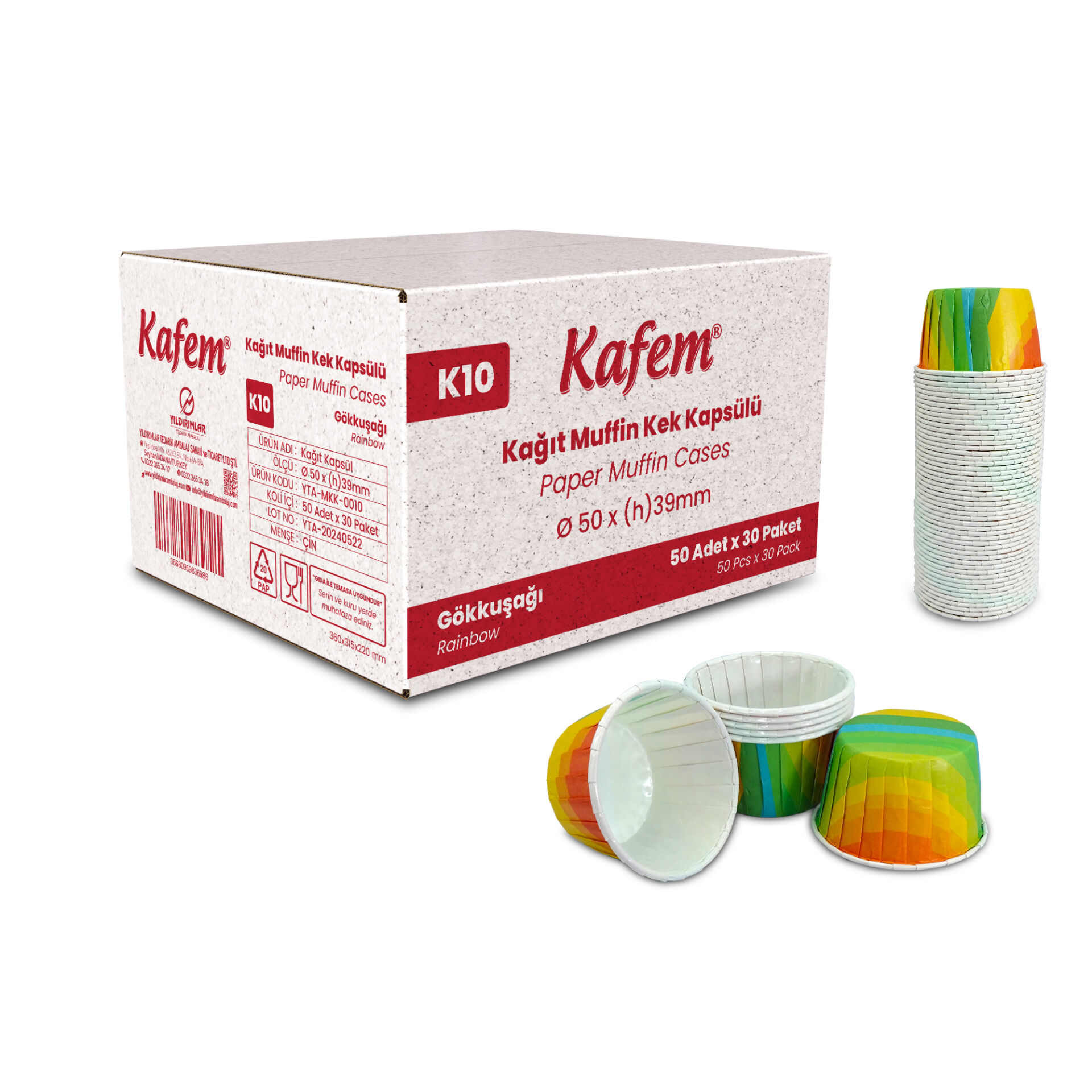 Kafem Gökkuşağı Renkli Muffin Kek Kapsülü 50li X 30 Paket (Koli) - K10