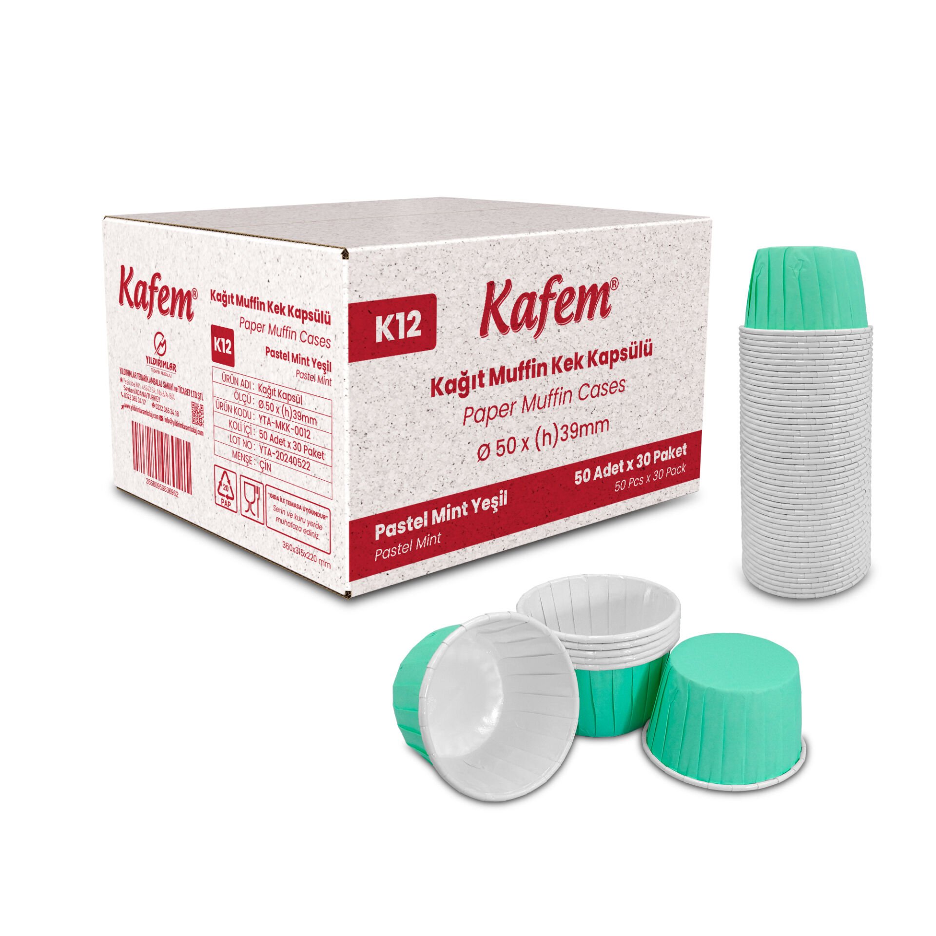 Kafem Mat Mint Yeşili Muffin Kek Kapsülü 50li X 30 Paket (Koli) - K12