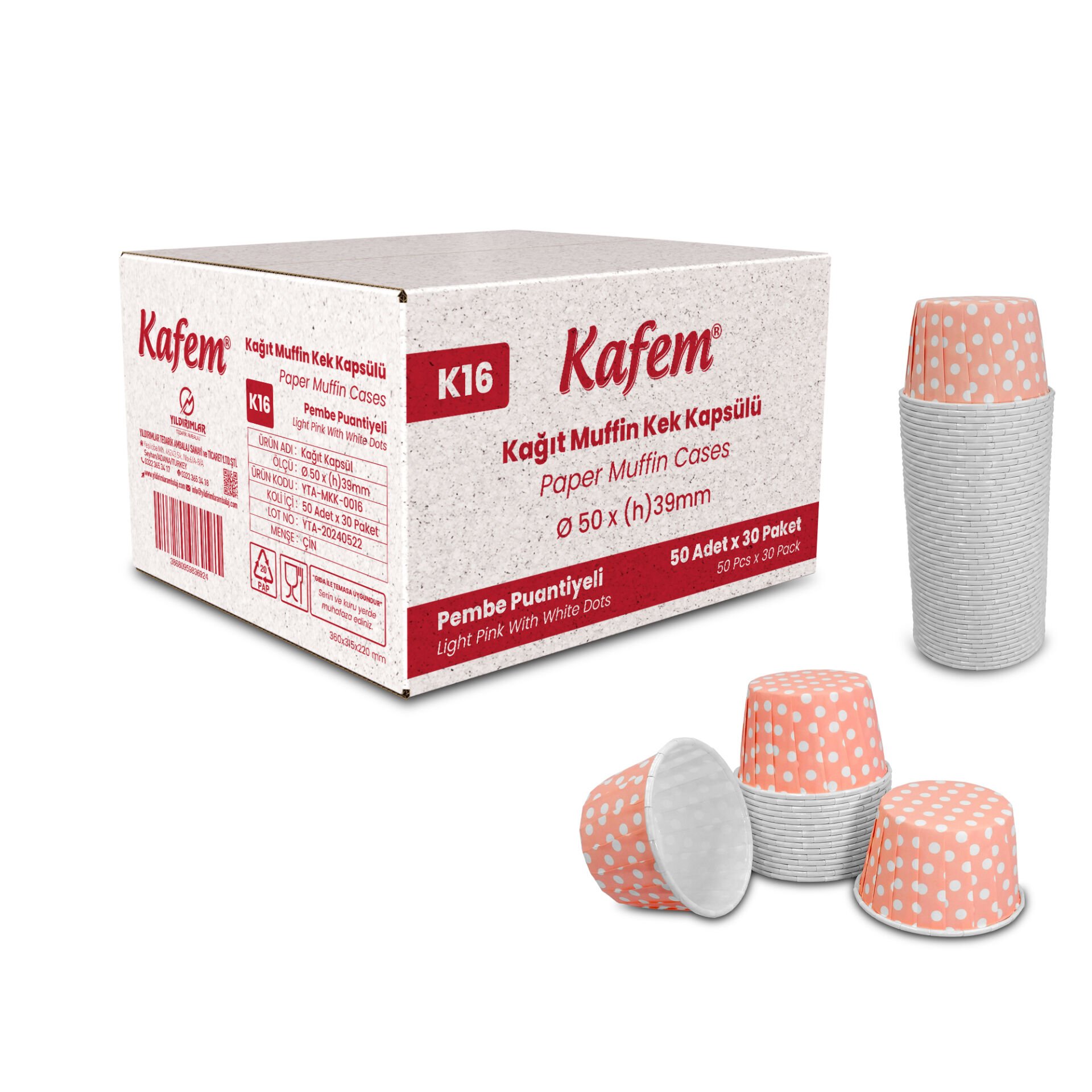 Kafem Pembe Puantiyeli Muffin Kek Kapsülü 50li X 30 Paket (Koli) - K16
