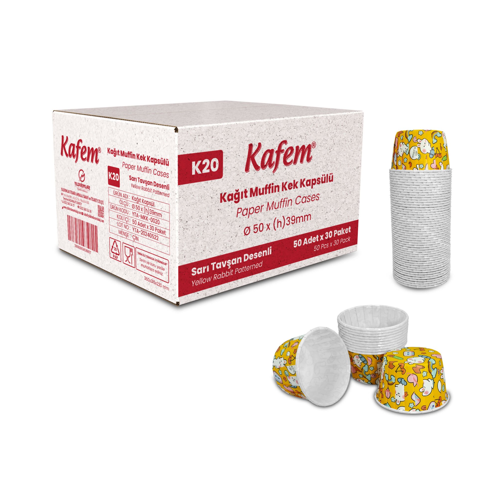 Kafem Muffin Kek Kapsülü Sarı Tavşan Desenli 50li X 30 Paket (Koli) - K20