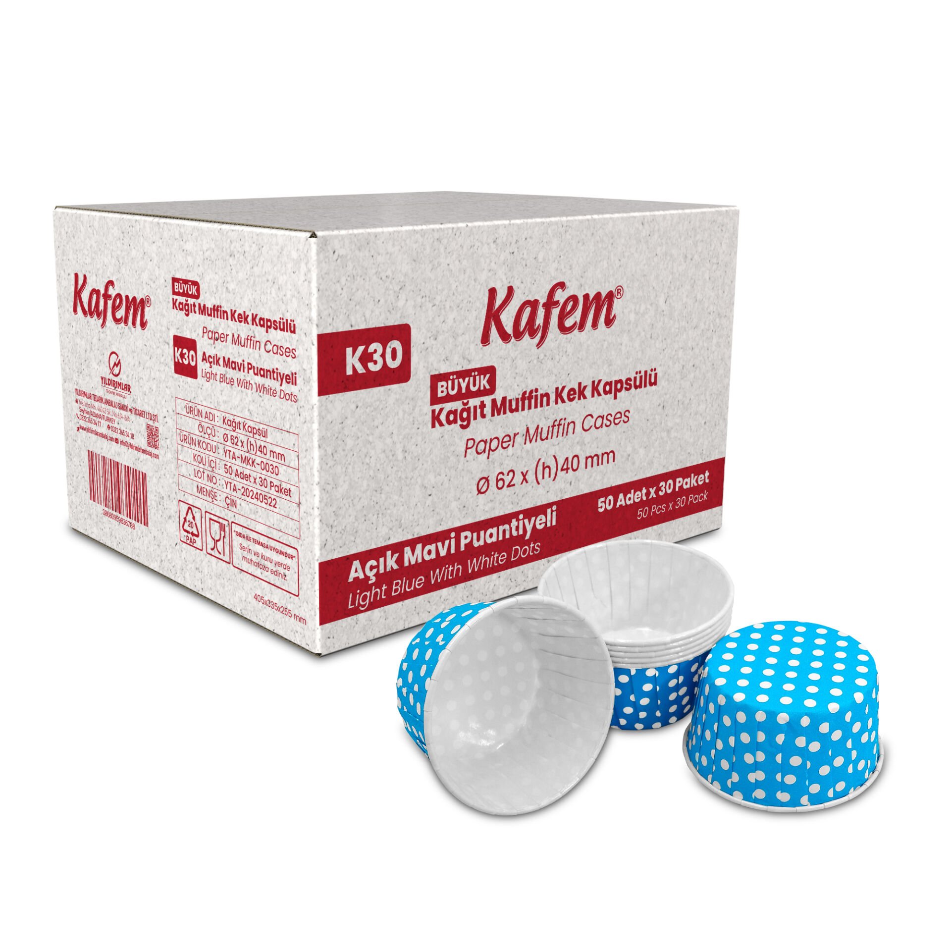Kafem Muffin Kek Kapsülü Açık Mavi Puantiye Büyük Boy 50li X 30 Paket (Koli) - K30
