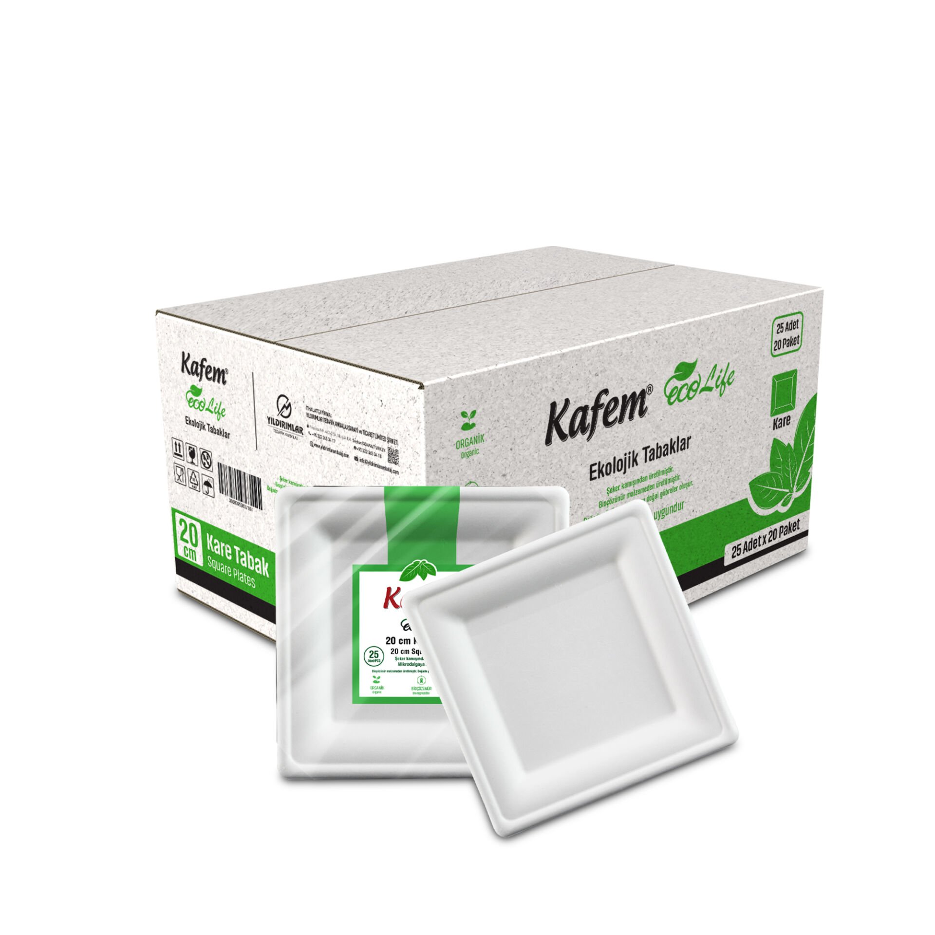 Kafem Ekolojik Kare Tabak 20 cm 25 Li X 20 Paket (Koli)