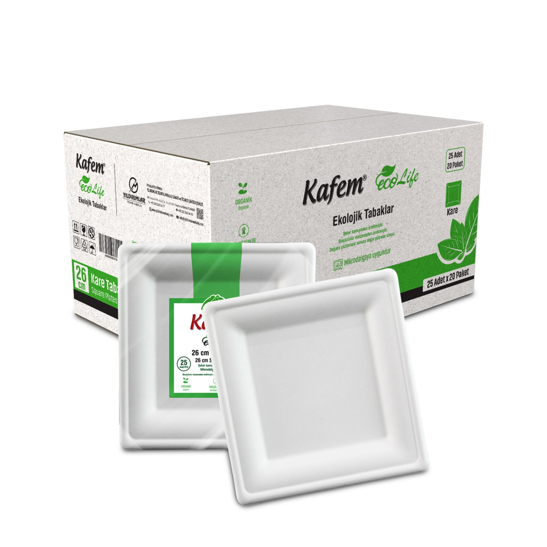 Kafem Ekolojik Kare Tabak 26 cm 25 Li X 20 Paket (Koli)