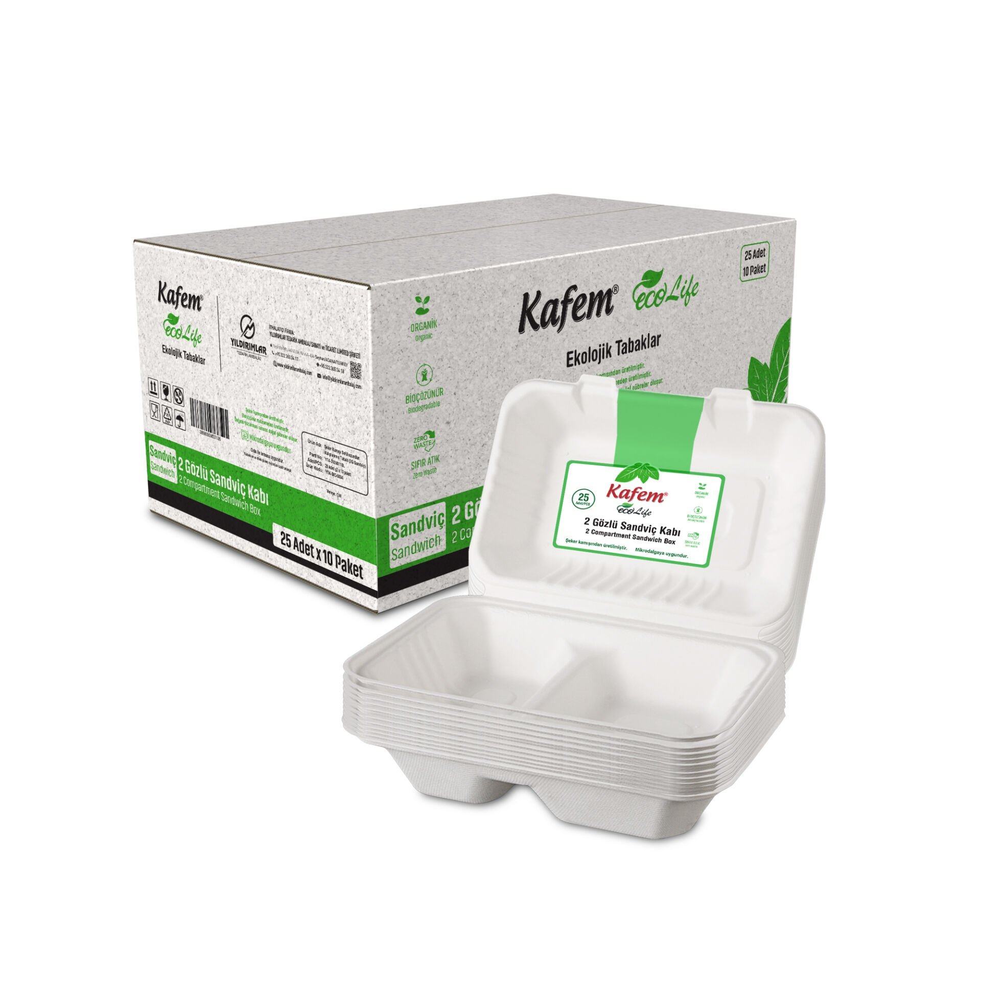 Kafem Ekolojik 2 Göz Kapaklı Karton Tabak 25 li X 10 Paket (Koli)