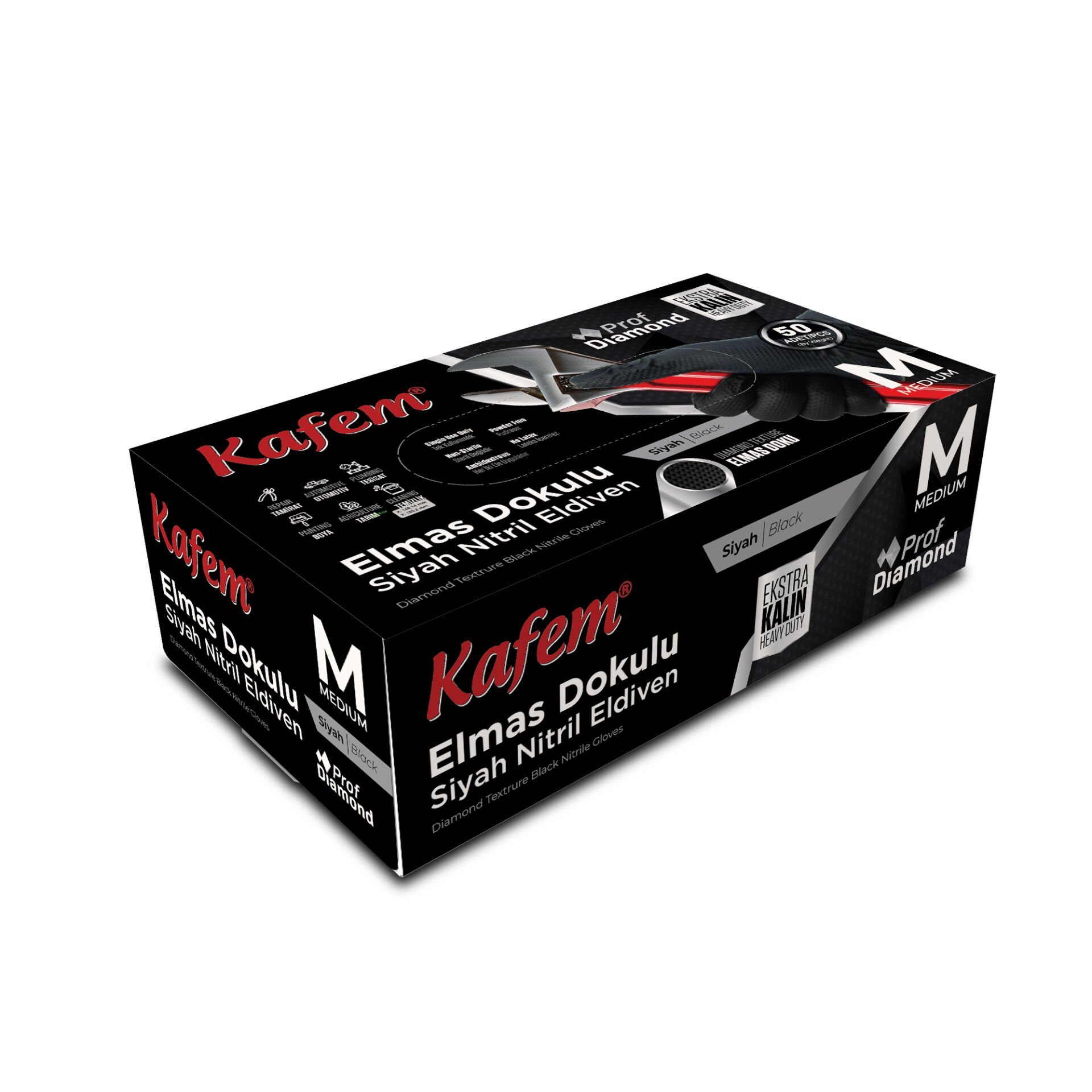 Kafem Prof Dia Ekstra Kalın Siyah Nitril Eldiven Elmas Dokulu M 50 Adet