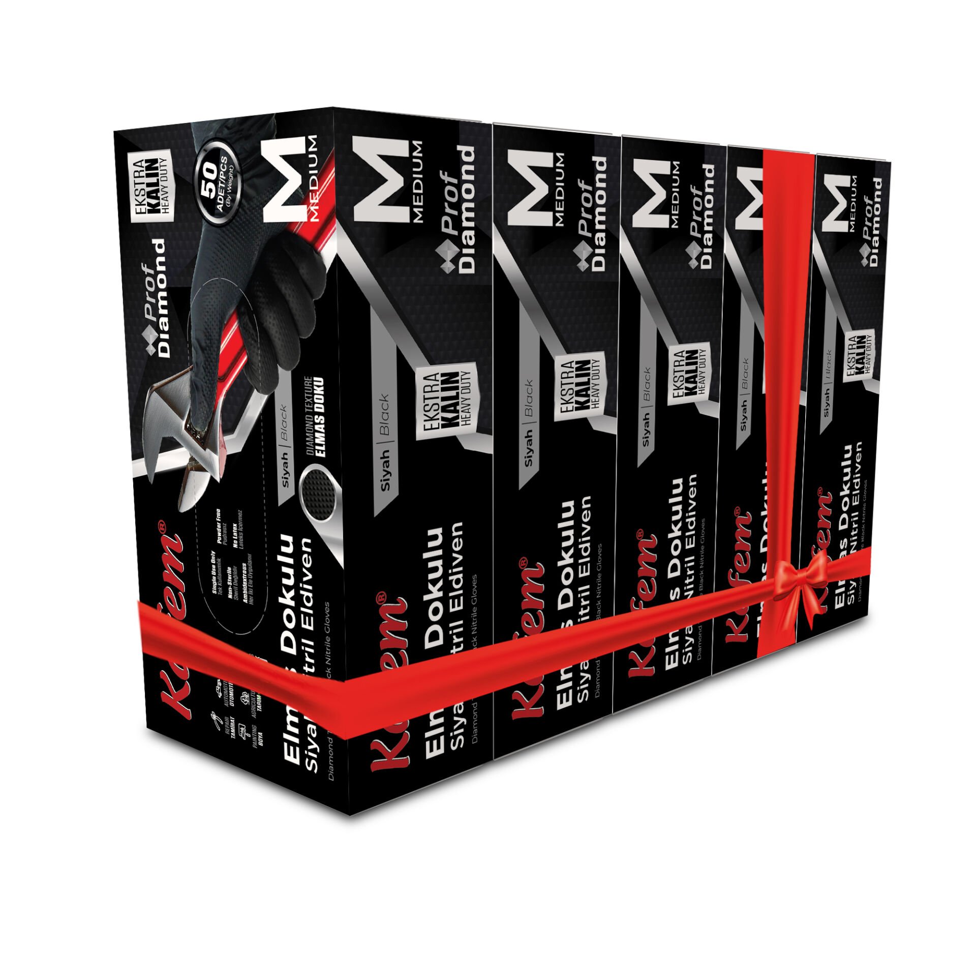 Kafem Prof Dia Ekstra Kalın Siyah Nitril Eldiven Elmas Dokulu M 50 Adet x 5 Paket