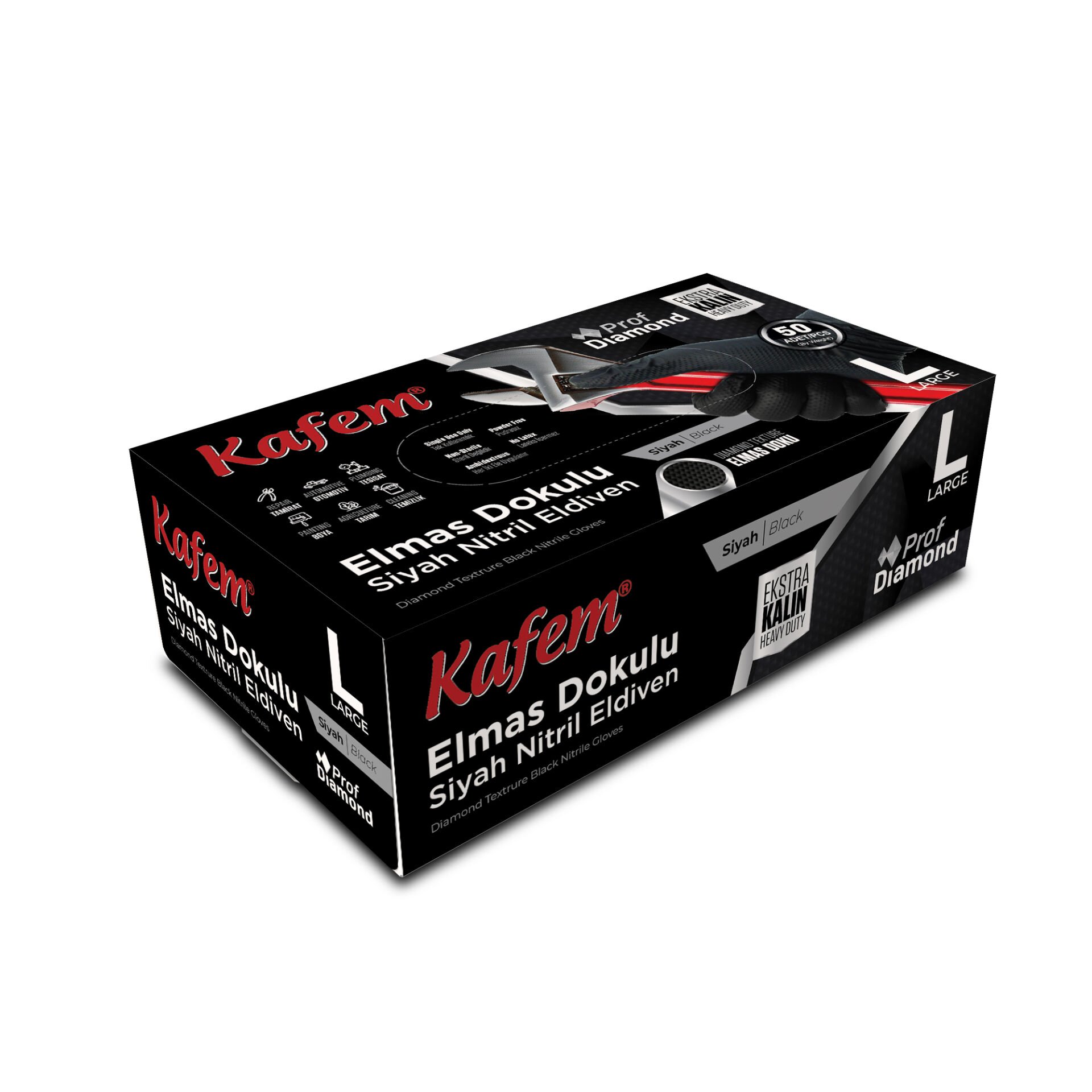 Kafem Prof Dia Ekstra Kalın Siyah Nitril Eldiven Elmas Dokulu L 50 Adet