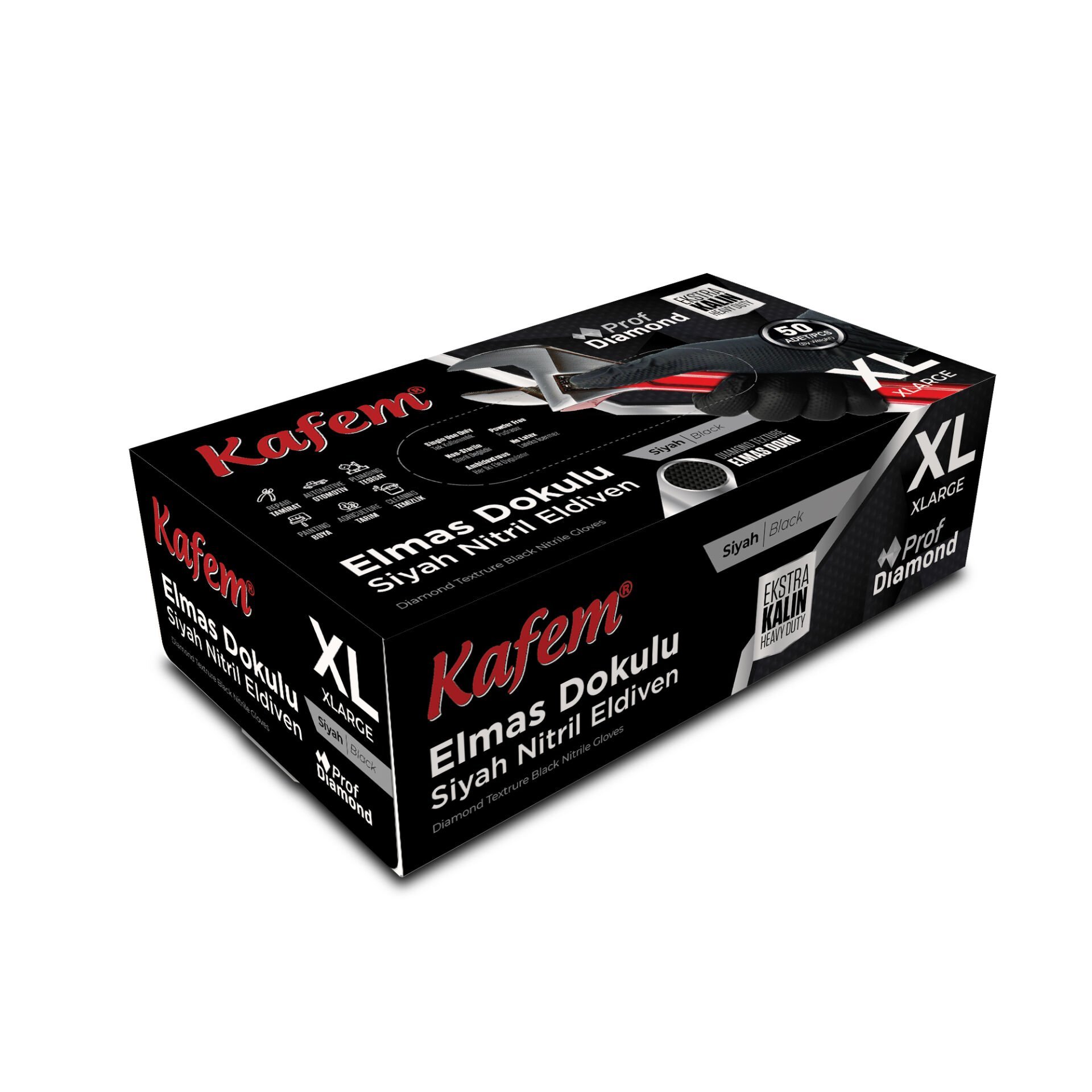 Kafem Prof Dia Ekstra Kalın Siyah Nitril Eldiven Elmas Dokulu XL 50 Adet