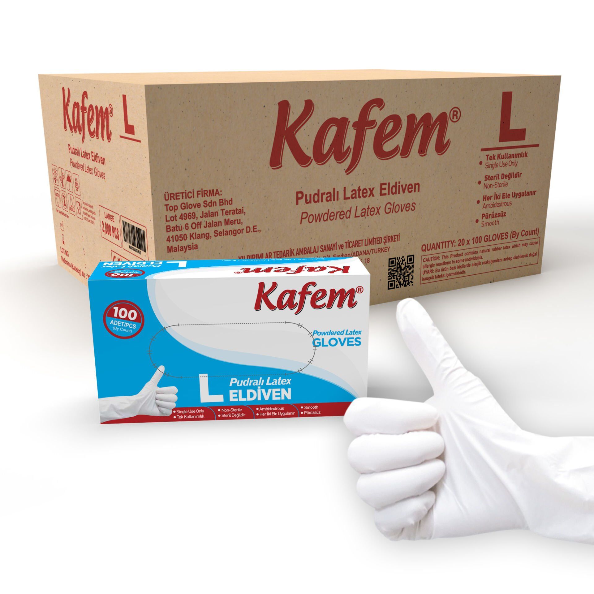 Kafem Beyaz Lateks Eldiven Pudralı (L) 100 Lü X 20 Paket (Koli)