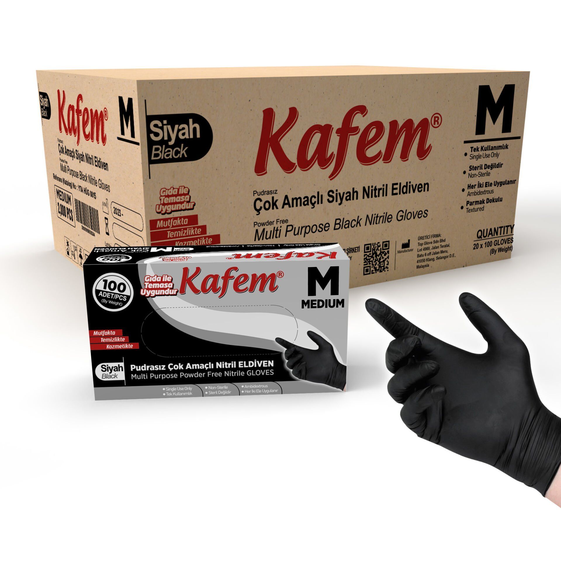 Kafem Siyah Çok Amaçlı Nitril Muayene Eldiveni M Beden 100 Adet X 20 Paket (Koli)