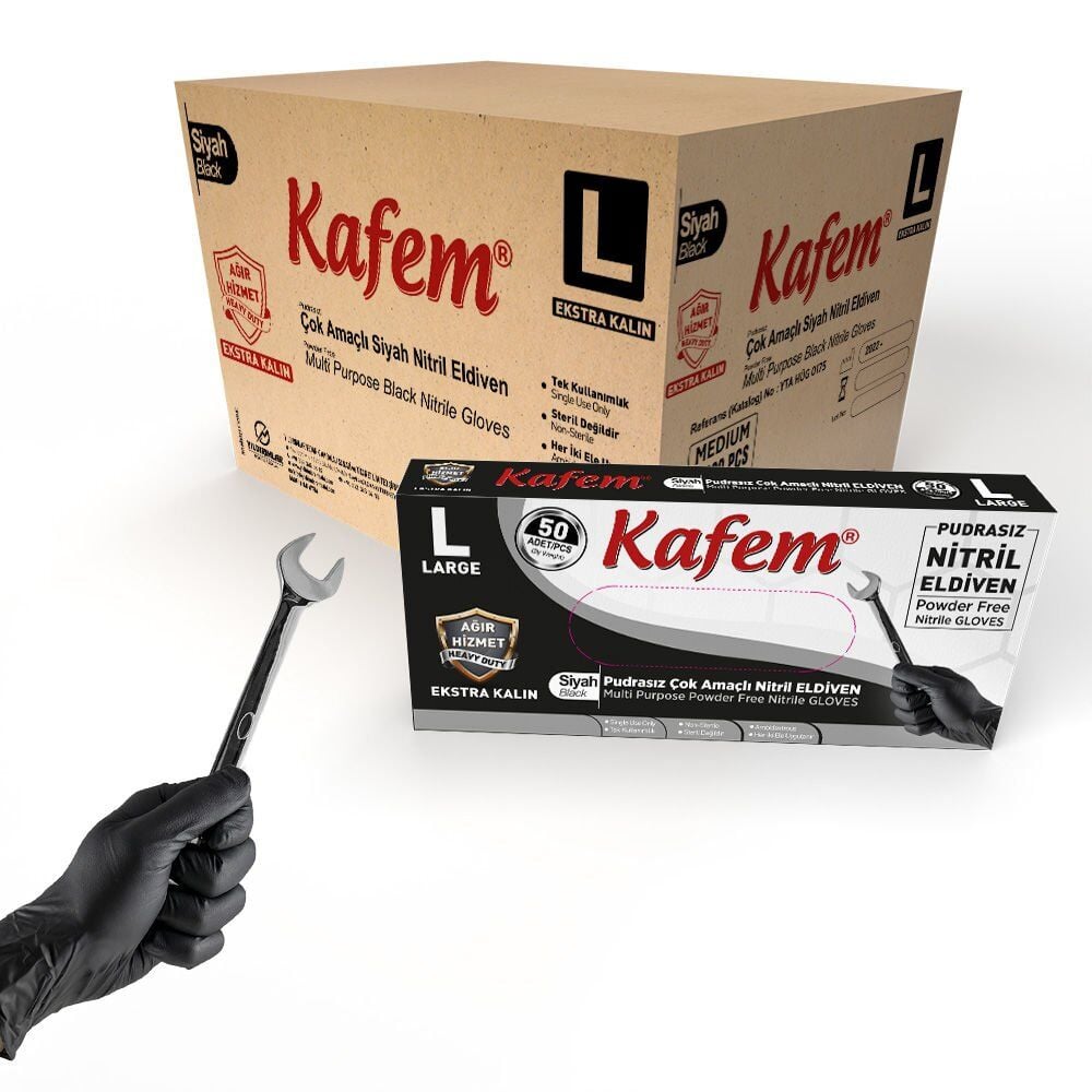 Kafem Siyah Nitril Eldiven Pudrasız Ekstra Kalın (L) 50 Lİ X 20 Paket