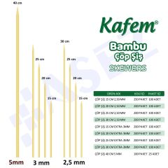 Kafem Bambu Çöp Şiş 30 cm 3 mm 100 Lü X 10 Paket