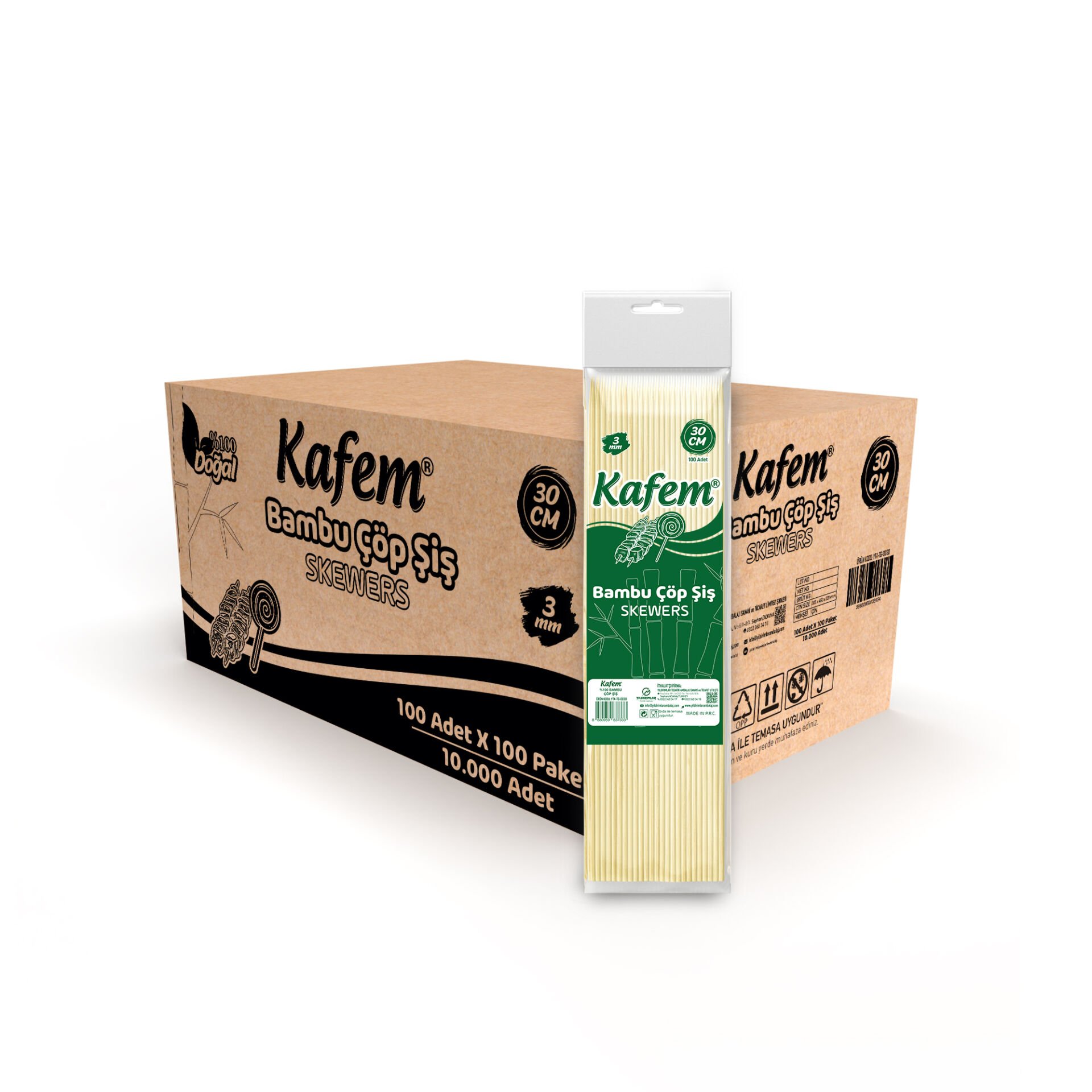 Kafem Bambu Çöp Şiş 30 cm 3 mm 100 Lü X 100 Paket (Koli)