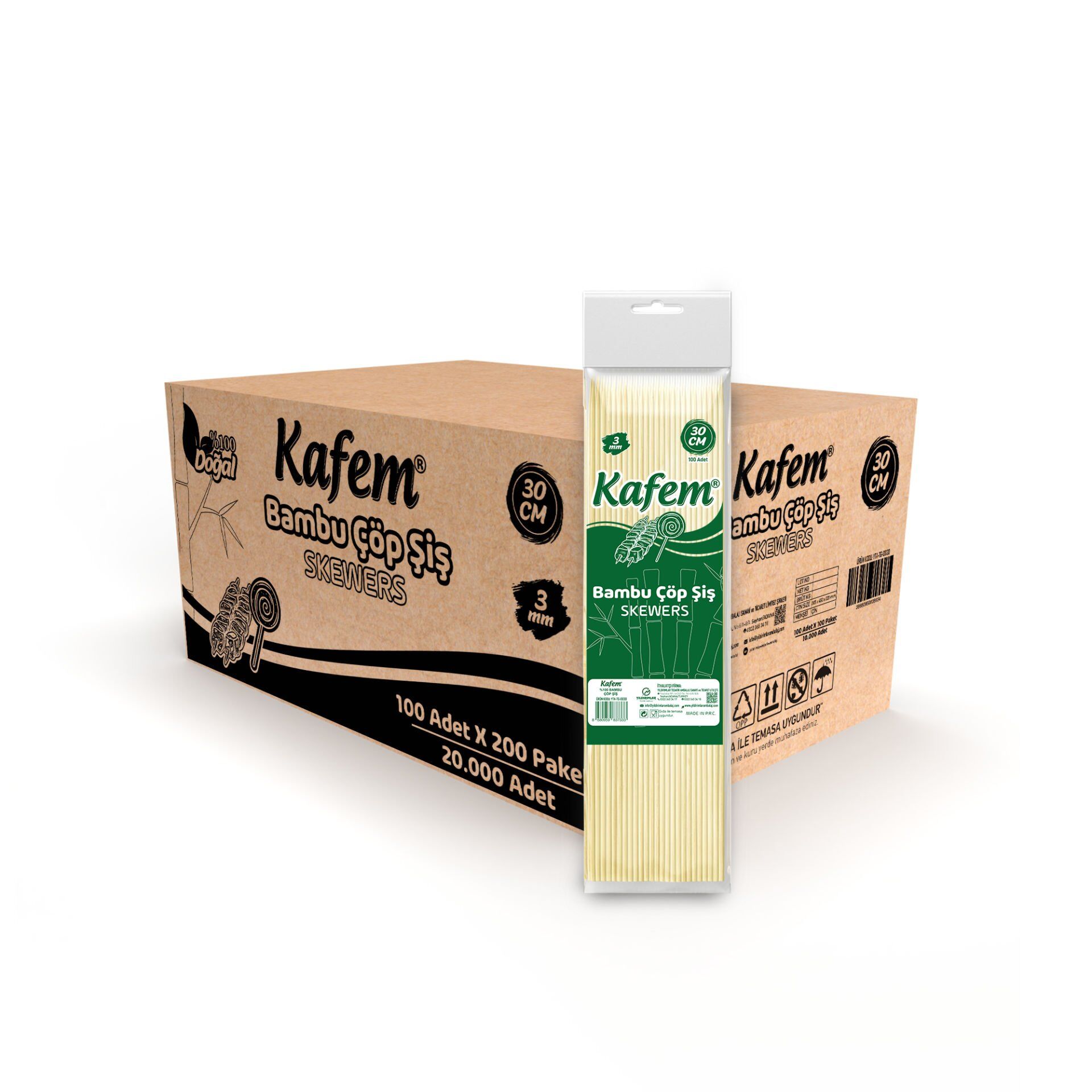 Kafem Bambu Çöp Şiş 30 cm 3 mm 100 Lü X 200 Paket (Koli)