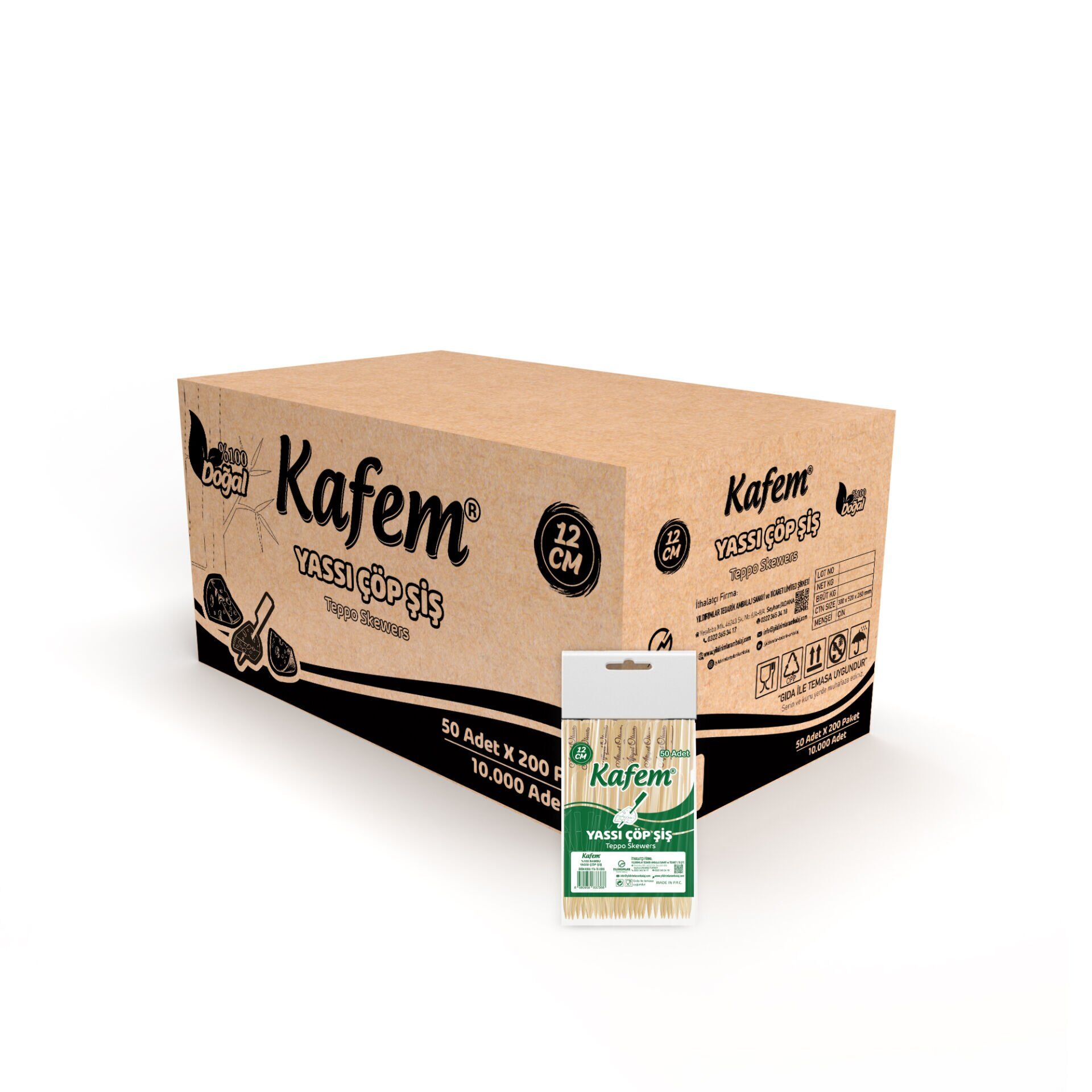 Kafem Yassı Çöp Şiş - Sunum Kürdanı 12 cm 50 Li x 200 Paket (Koli)