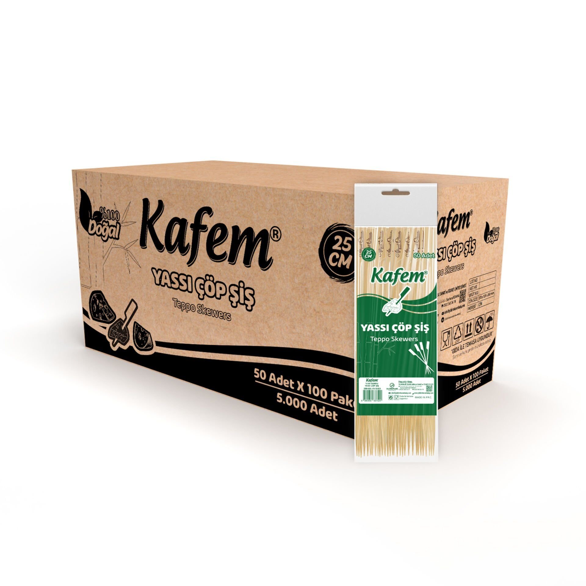 Kafem Yassı Çöp Şiş - Sunum Kürdanı 25 cm 50 Li x 100 Paket (Koli)