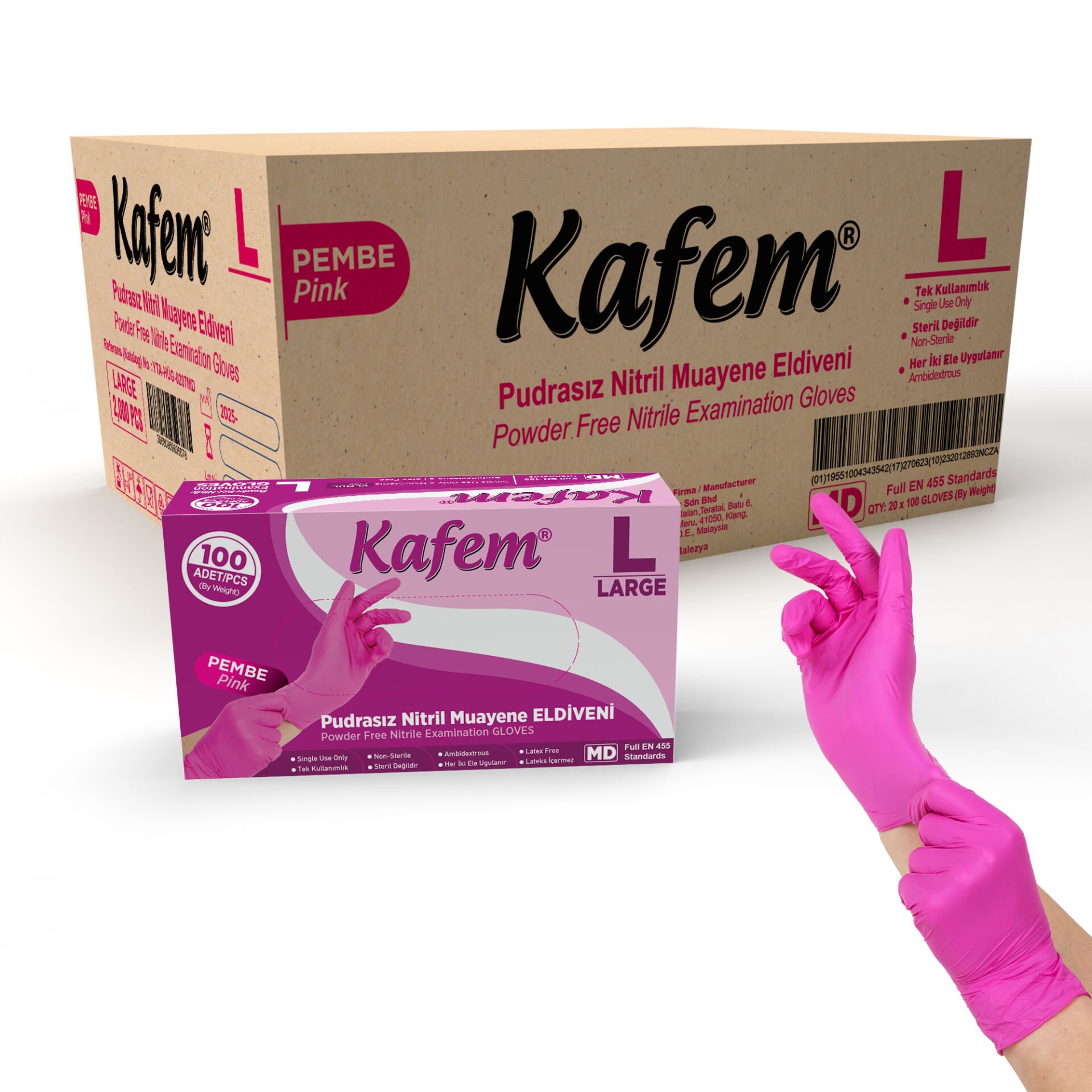 Kafem Pembe Nitril Eldiven Pudrasız (L) 100 Lü X 20 Paket (Koli)