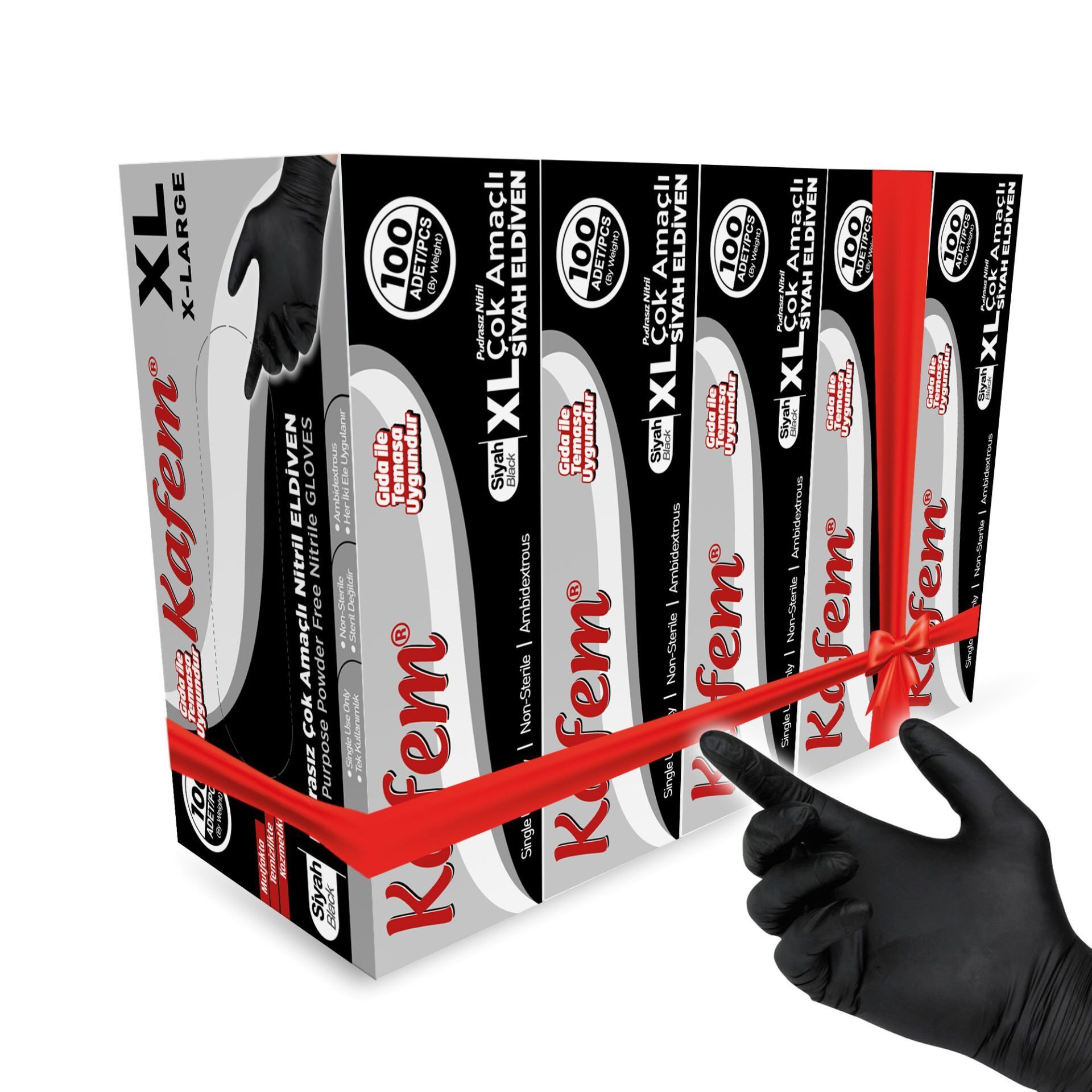Kafem Siyah Çok Amaçlı Nitril Muayene Eldiveni XL Beden 100 Adet X 5 Paket