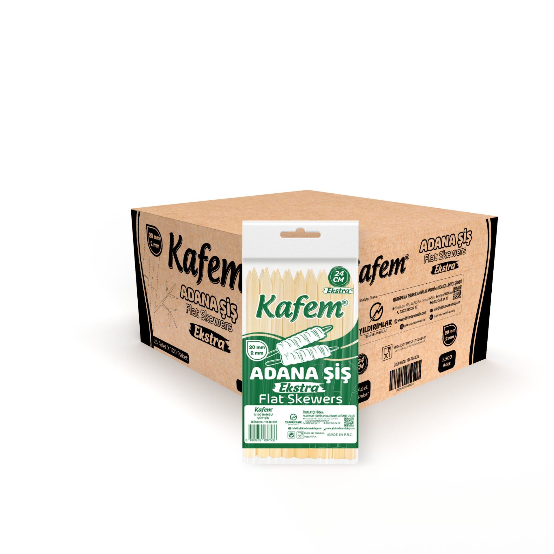Kafem Adana Çöp Şiş Ekstra 24 cm 25 Adet X 100 Paket (Koli)