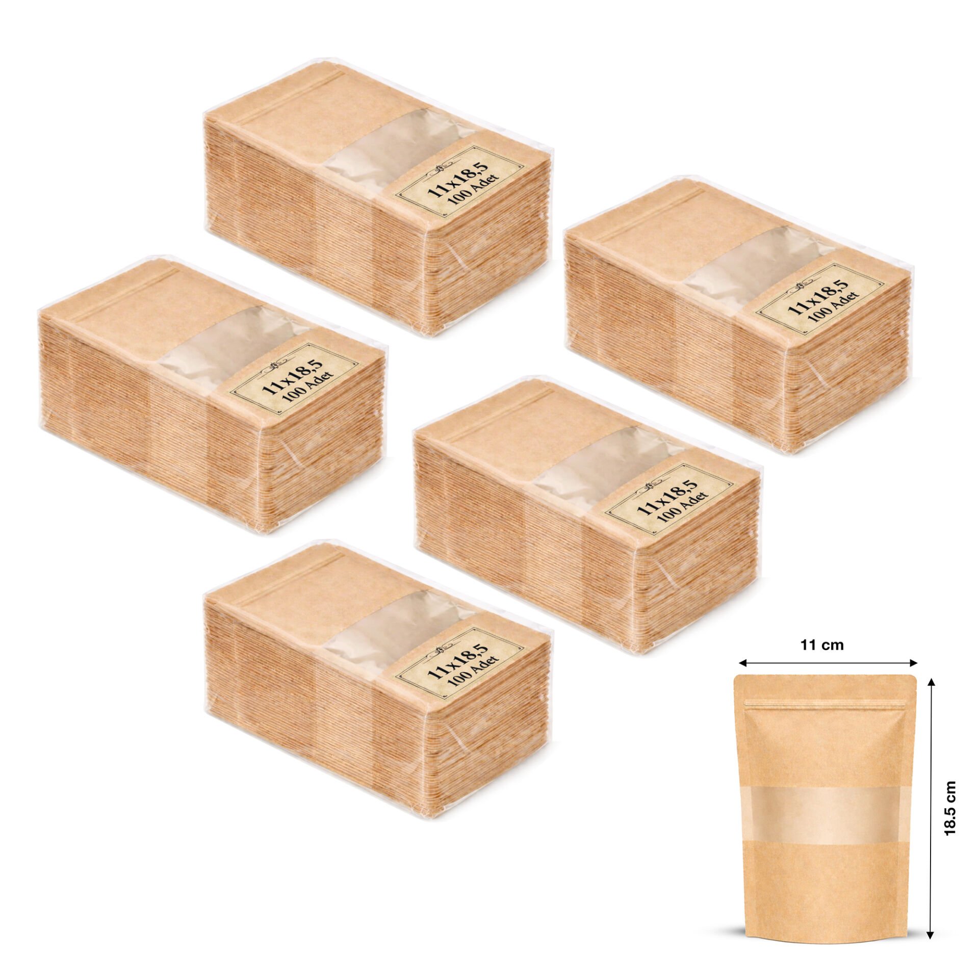 Kraft Pencereli Kilitli Doypack 11x18.5 cm 100 lü x 5 Paket
