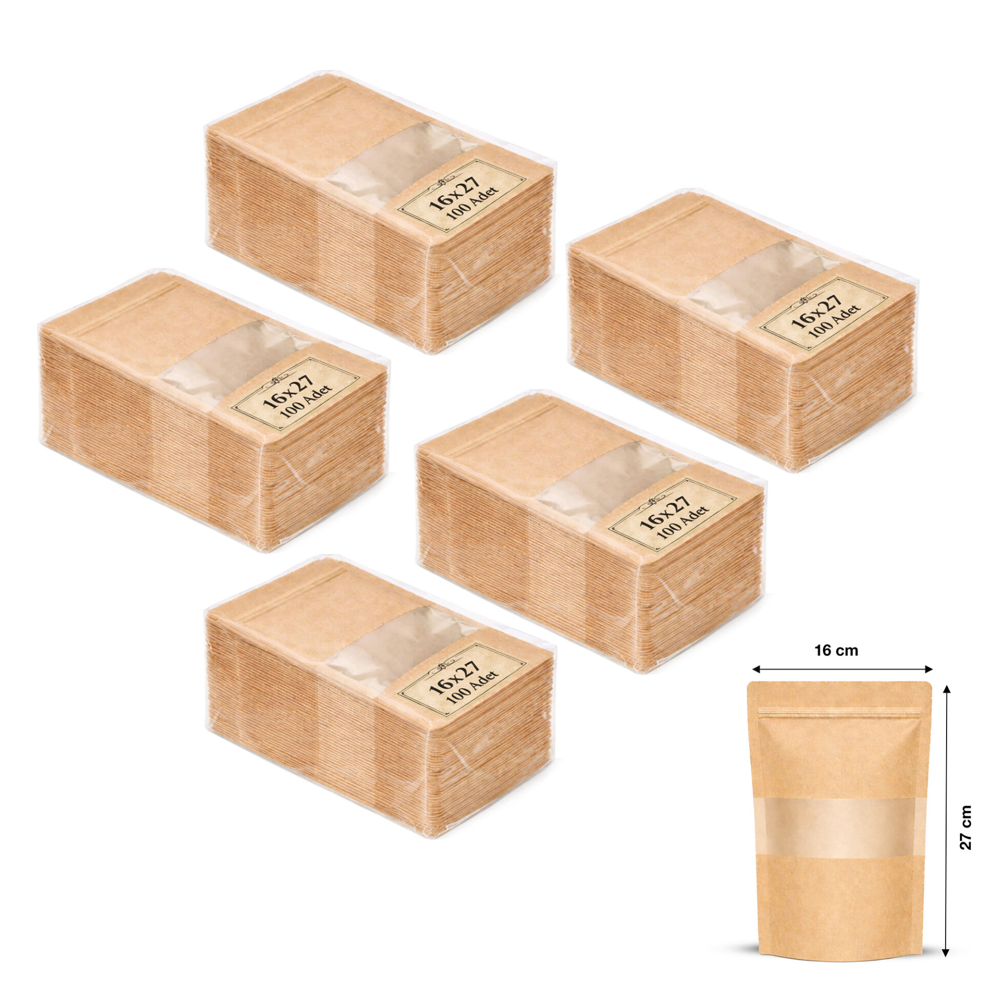 Kraft Pencereli Kilitli Doypack 16x27 cm 100 lü x 5 Paket