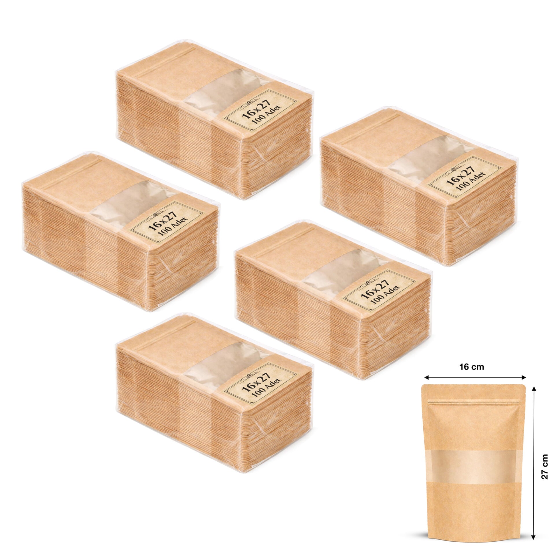 Kraft Pencereli Kilitli Doypack 16x27 cm 100 lü x 5 Paket