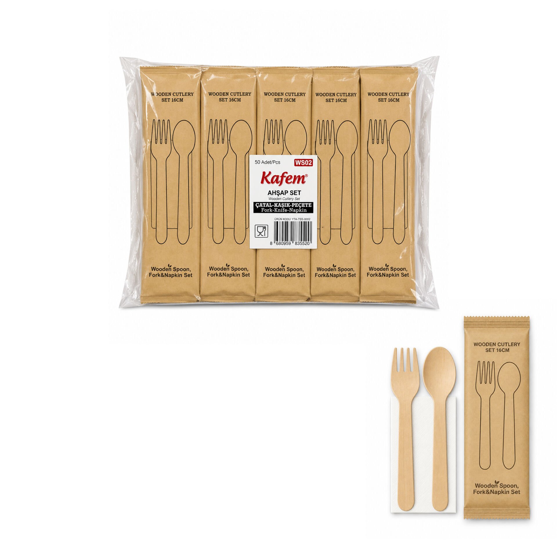 Ahşap Set Çatal-Kaşık-Peçete 50 Adet x 1 Paket