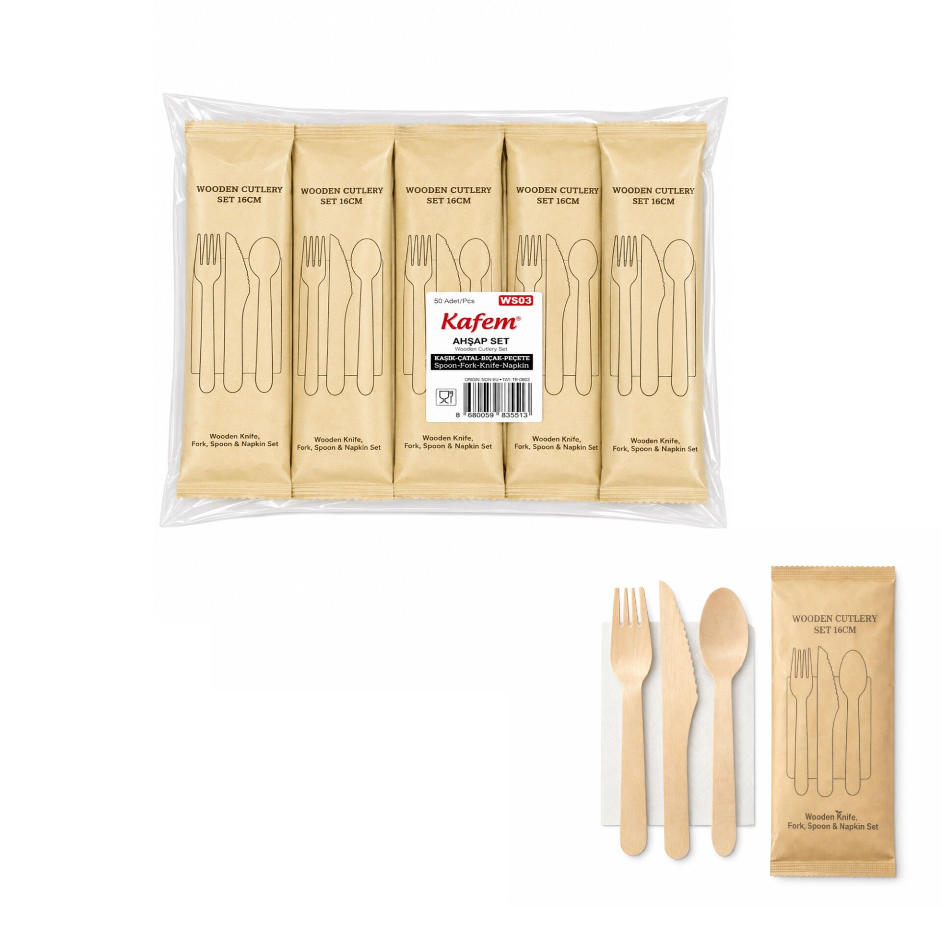 Ahşap Set Kaşık-Çatal-Peçete-Bıçak 50 Adet x 1 Paket